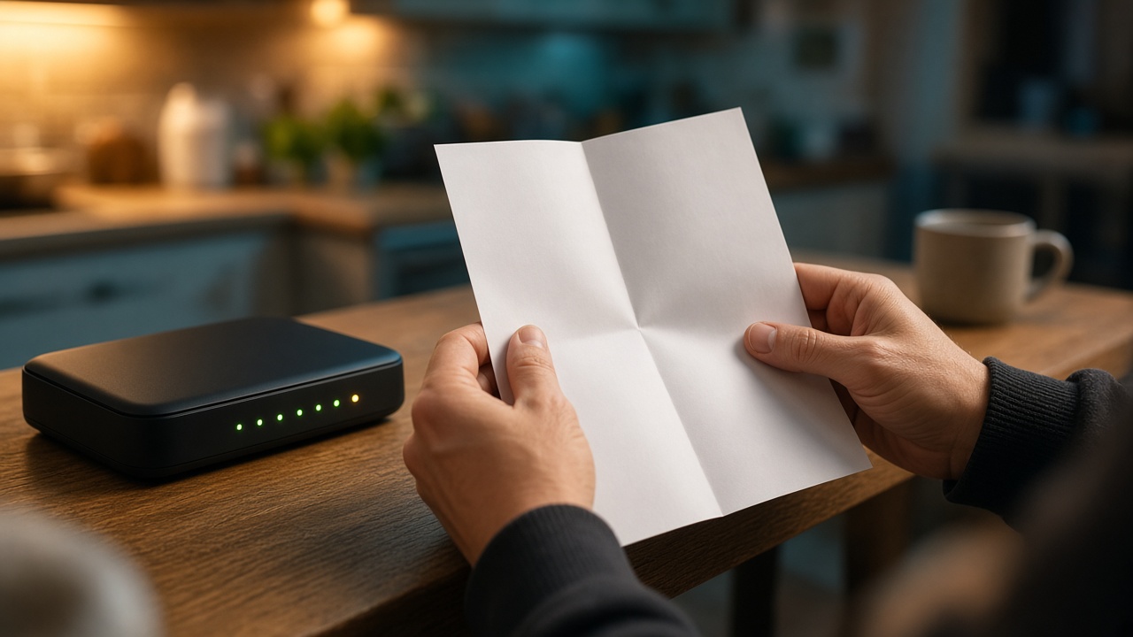 An adult reading a provider contract on paper next to a home router