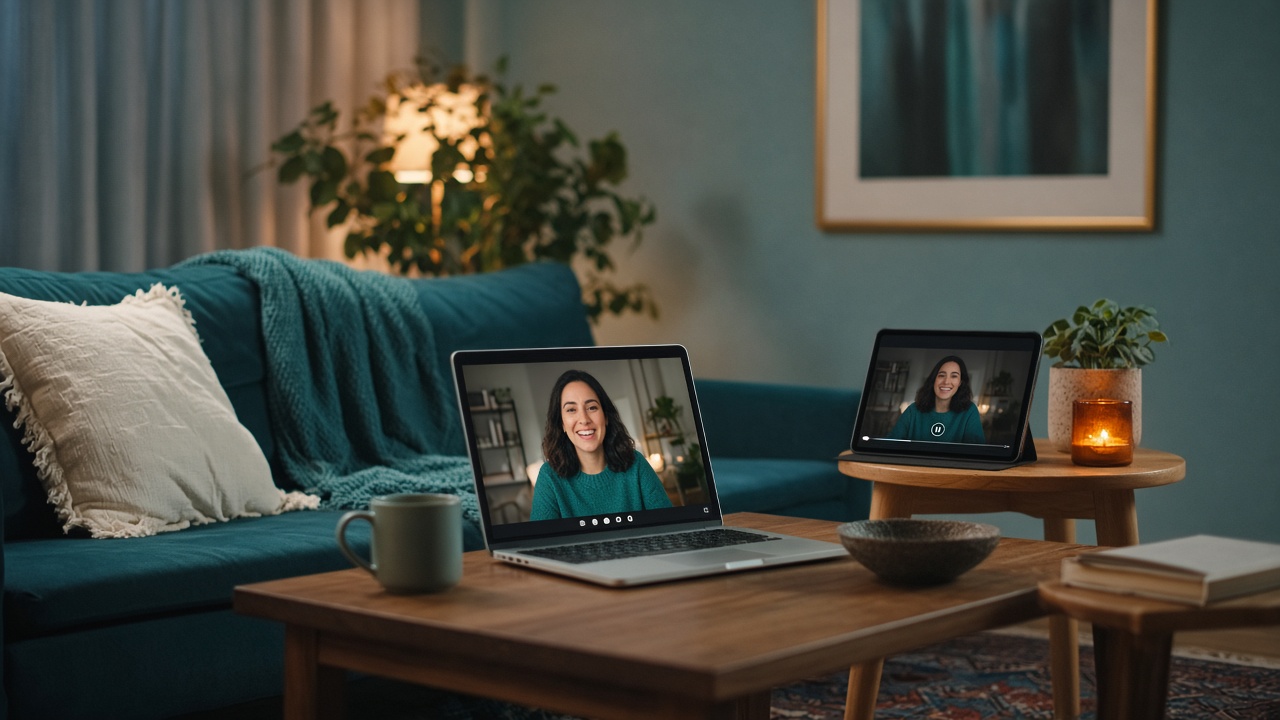 A family living room in the evening with a television on and a router light visible