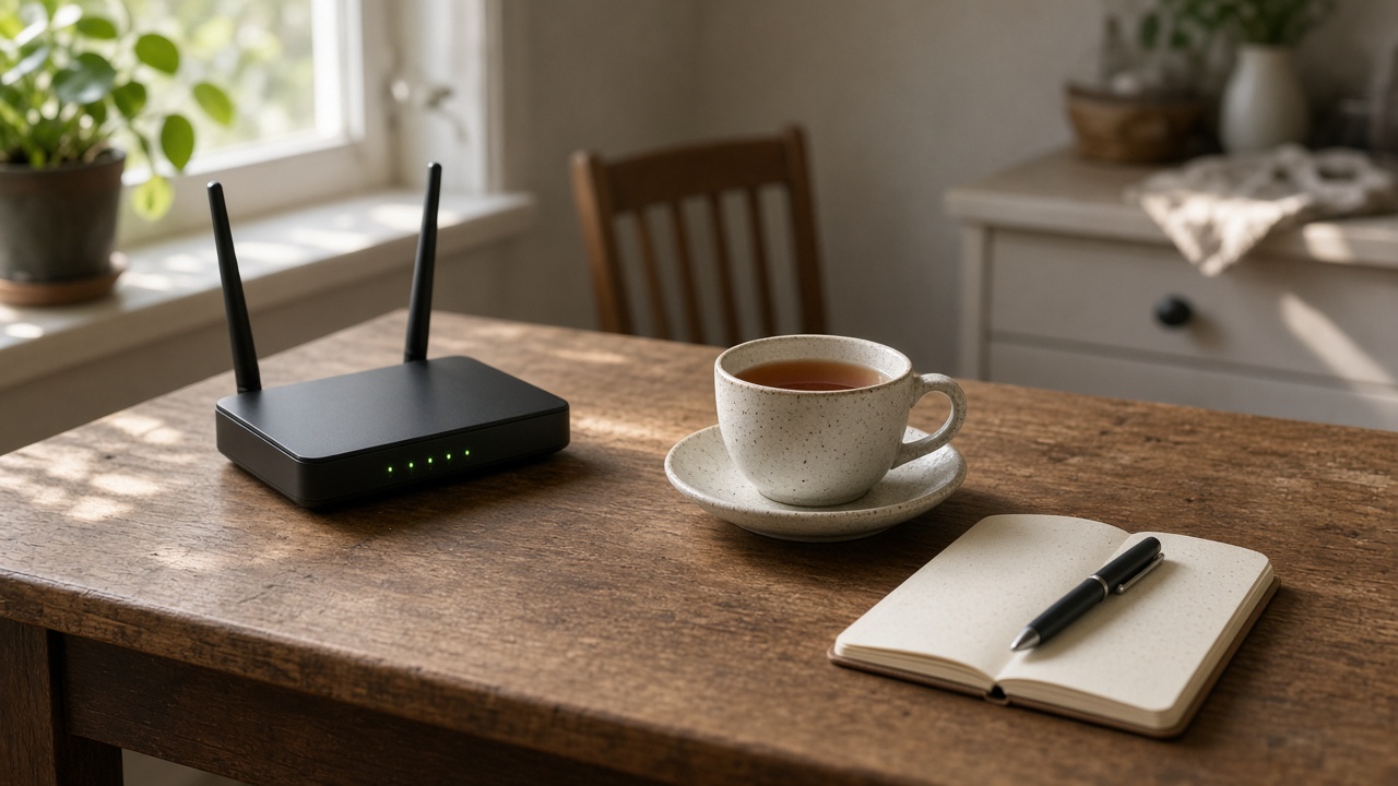 A kitchen table with a router, a notebook and a household bill left closed