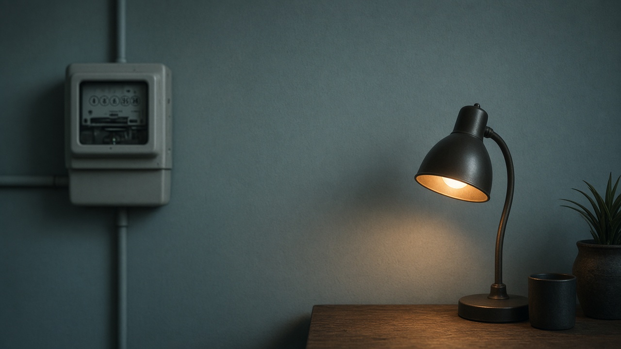 A household electricity bill and a router on a kitchen counter, with no numbers highlighted