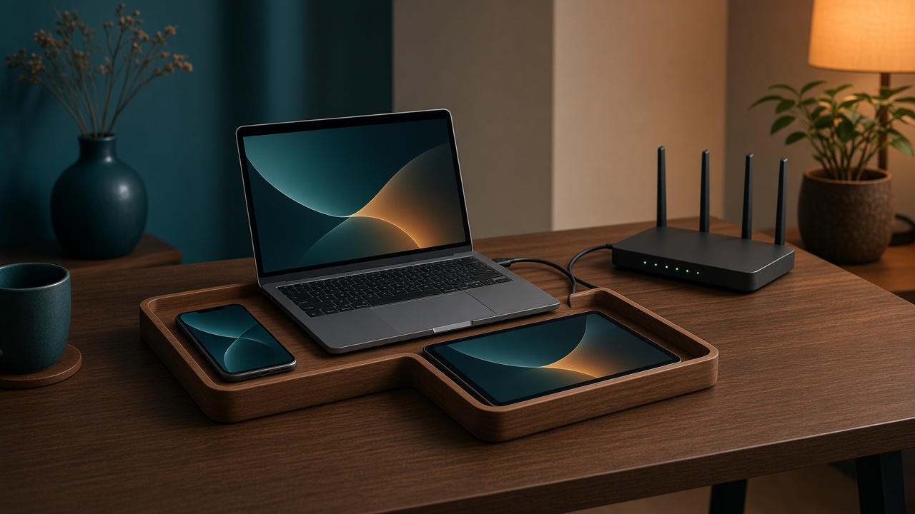 A phone, a laptop and a television in one living room sharing the same home connection
